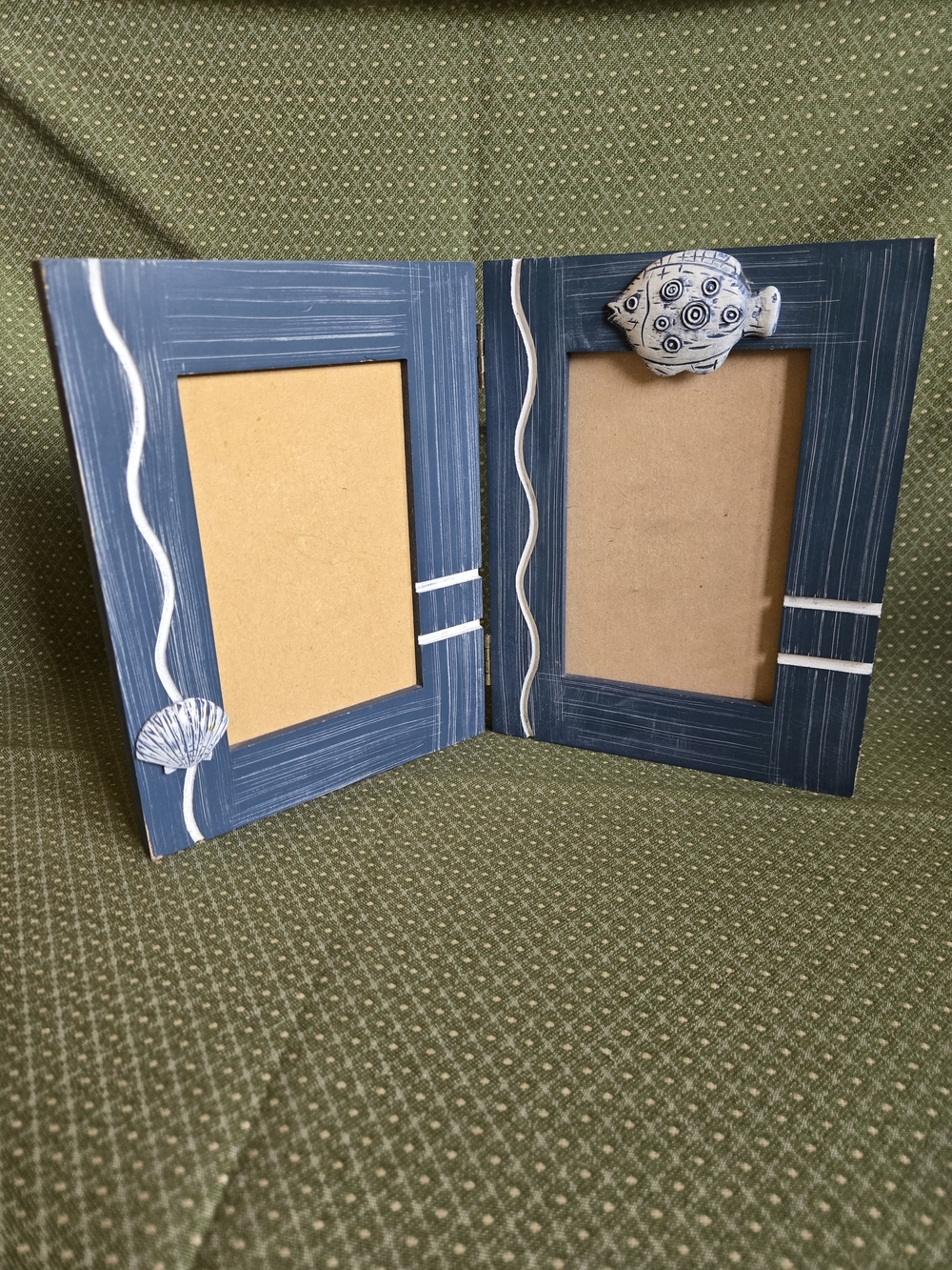 Double Hinged Blue Nautical Sea Shell & Fish Wooden Photo Frame - 4x6 Pics